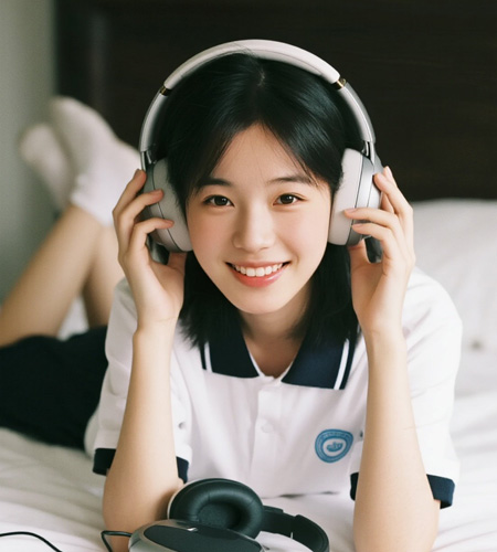 Mahasiswa menunjukkan headphone baru